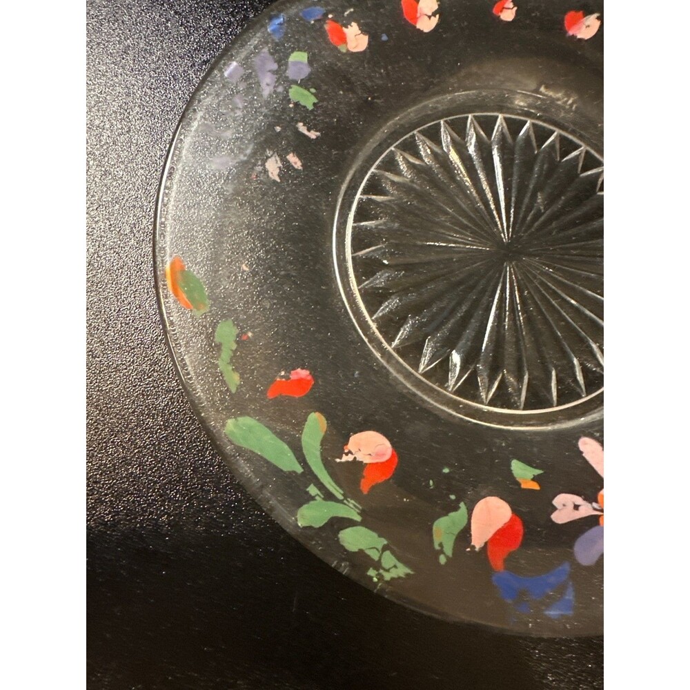 Vintage Clear Glass Plate Hand Painted Floral Enamel 7.25" Starburst Center - Picture 6 of 8